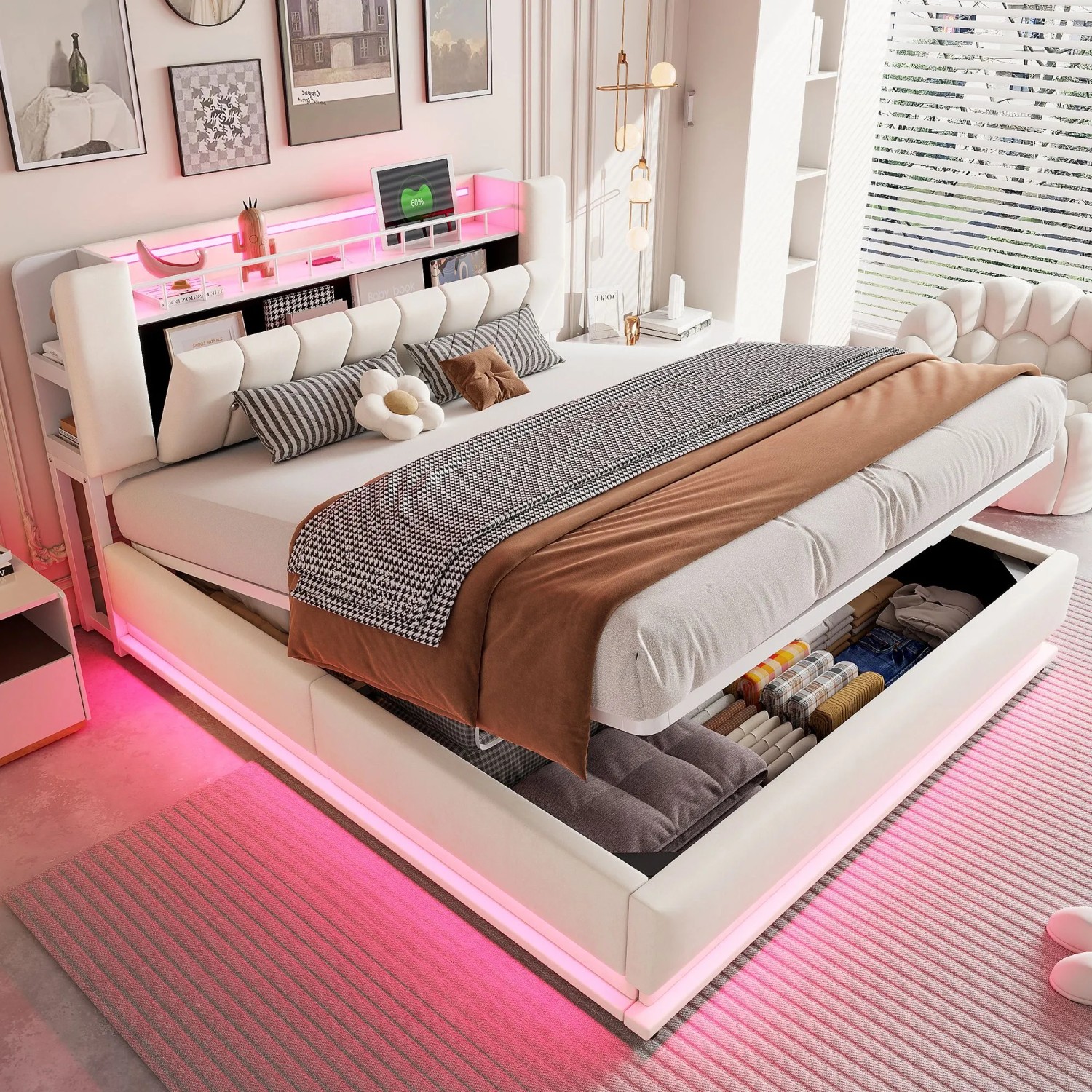 Merax Polsterbett 180x200cm LED USB Stauraum Samt Beige