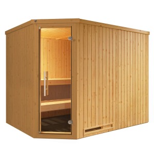 Weka Element-Ecksauna Varberg mit Glastür, Fichtenholz natur, ohne Ofen.