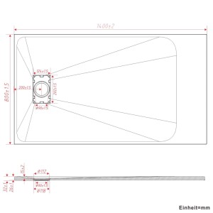 Technische Zeichnung: Aquabatos Rechteck Duschwanne 140x80 cm mit Maßen und Ablauf
