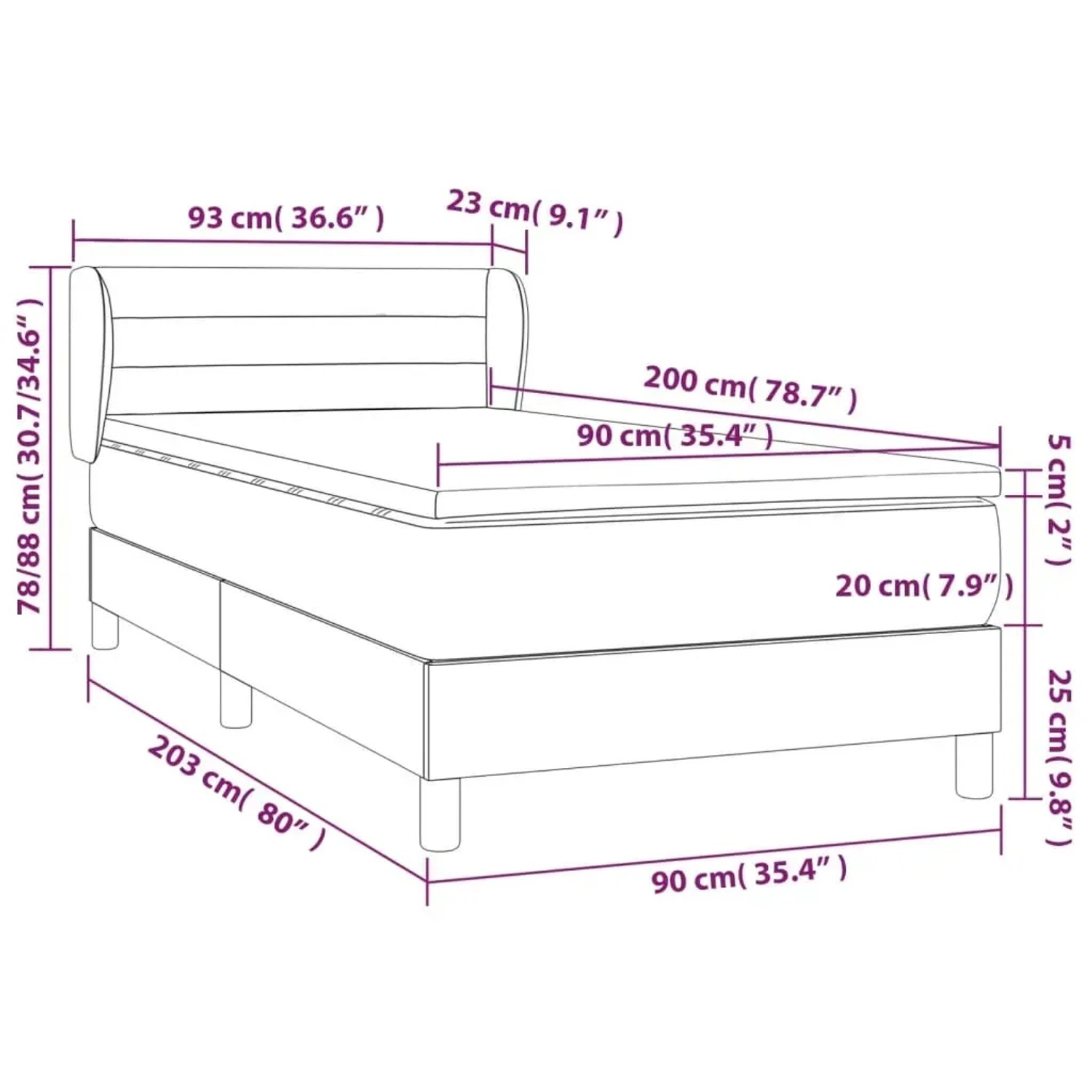 Schwarzes Boxspringbett 90x200 cm mit Matratze und verstellbarem Kopfteil.