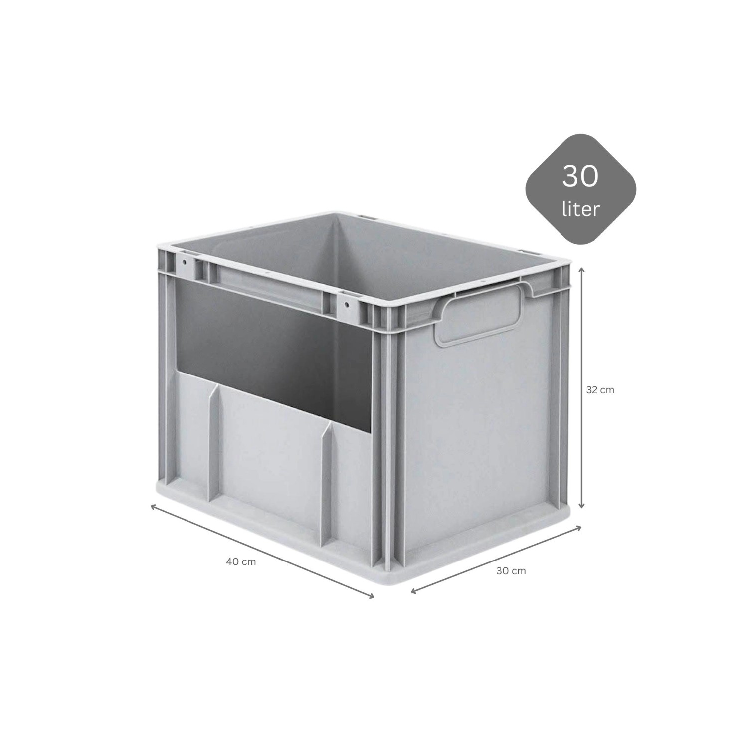 Graue PROREGAL Eurobox NextGen Insight, 30 Liter, mit seitlicher Öffnung. Aufbewahrungsbox für Industrie und Gewerbe.