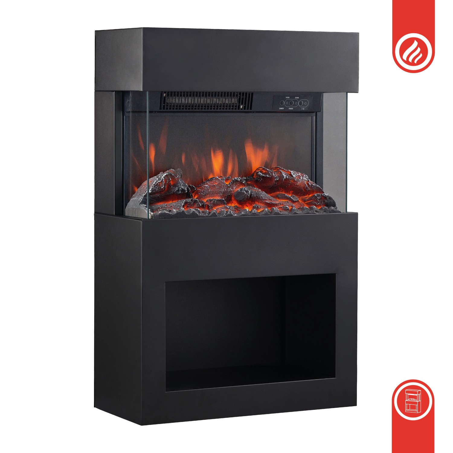 Schwarzer Kaminio Elektrokamin Henri mit 3D-Flammeneffekt und Holzfach.