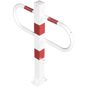 Umlegbare Schake Parkplatzsperre, weiß-rot, mit Dreikantverschluss für flexible Absperrung.