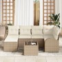 Beiges vidaXL Garten-Sofa-Set mit Kissen, 7-teilig, aus Polyrattan mit Tisch und weißen Kissen.