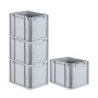 PROREGAL Spar Set: 4 graue Euroboxen Nextgen Economy, 30 Liter, mit Griffen, gestapelt und einzeln.