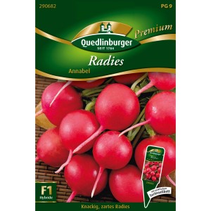Quedlinburger Radieschen Annabel Saatgut: Scharlachrote, runde Radieschen auf der Packung.