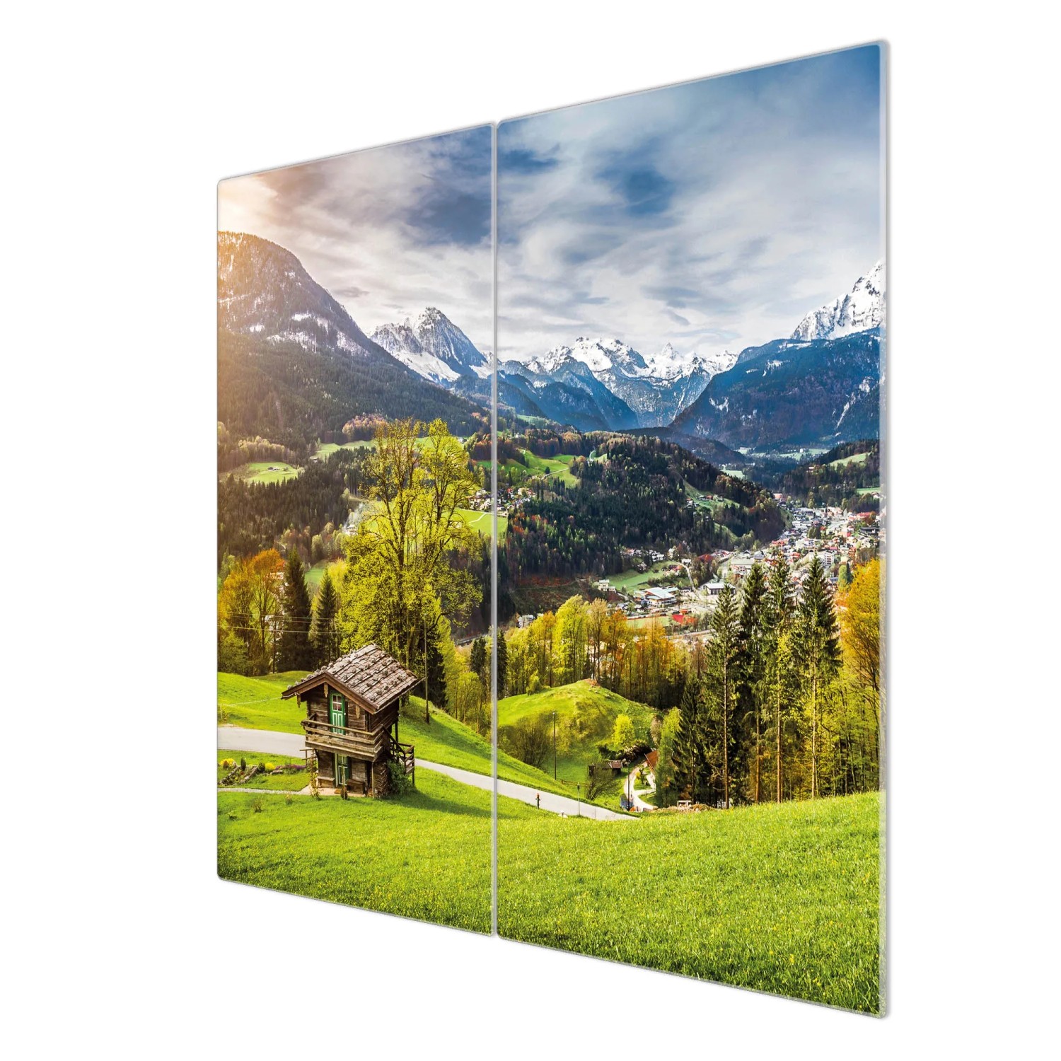 2-teilige Glas Herdabdeckplatte mit Berchtesgadener Land Motiv, je 30x52cm.