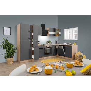 Respekta Winkelküche KBL310ESGS in Grau und Eiche Sonoma Sägerau Nachbildung mit E-Geräten.
