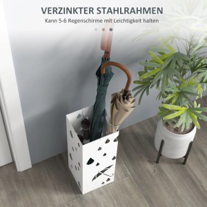 Weißer Furnicato Schirmständer aus Stahl mit Haken und Tropfschale, gefüllt mit Regenschirmen.
