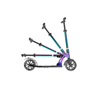 Six Degrees Aluminium Scooter, Neochrome, mit Klappmechanismus und Ständer.
