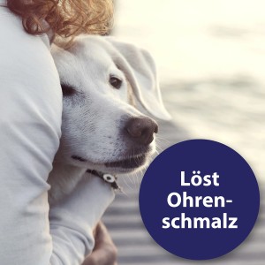 Hund wird umarmt, im Vordergrund blauer Kreis mit Text "Löst Ohrenschmalz". Canosept Ohrreiniger für Hunde.
