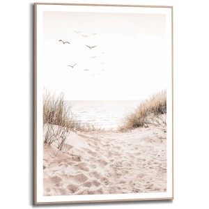 Gerahmtes Dünen Bild (70x50 cm) in Beige für Wohnzimmer. Dekorative Wandkunst mit Strandmotiv.