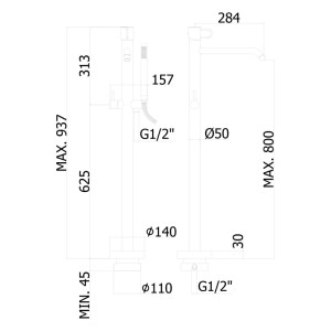 Technische Zeichnung: pianura Wannenarmatur Stella, freistehend, Chrom, mit Maßangaben.