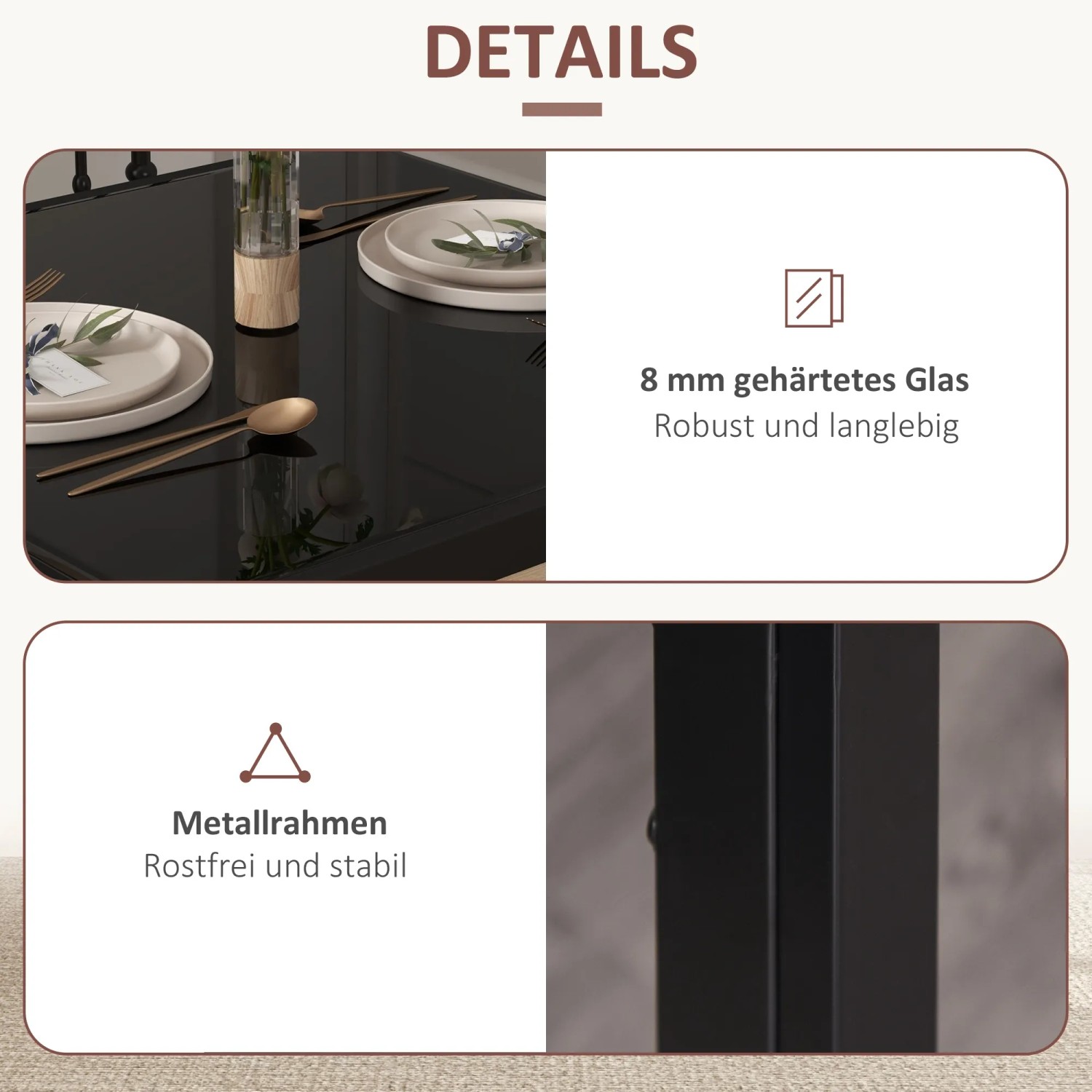 Detailansicht der schwarzen HOMCOM Essgruppe mit Glasplatte und Metallrahmen.