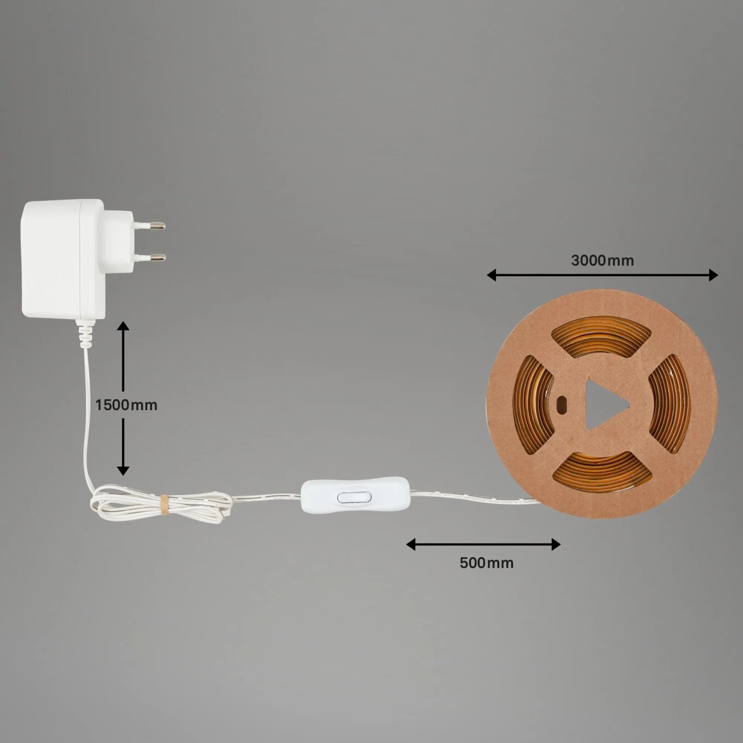 Brilo LED-Streifen COB, warmweiß, 3 m, mit Trafo und Schalter auf einer Spule.
