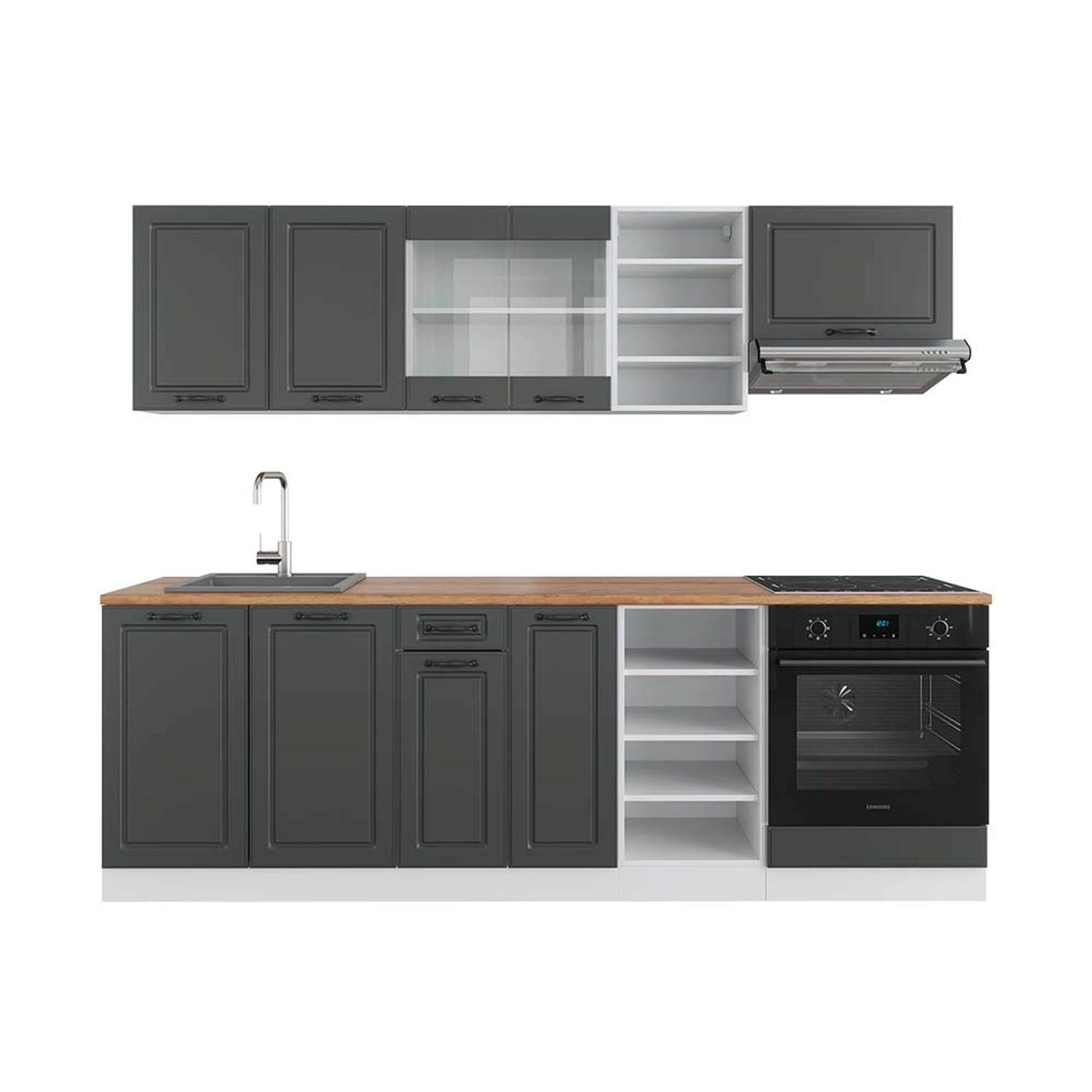 Vicco R-Line Küchenzeile Anthrazit Landhaus/Weiß 240 cm AP Eiche günstig online kaufen