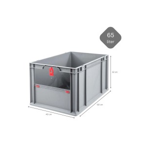 Graue PROREGAL Eurobox NextGen mit rotem Deckel, 65 Liter, für Lagerung und Transport.