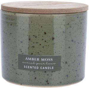 Duftkerze im Keramiktopf (grün) mit Holzdeckel, Sorte Amber Moss.