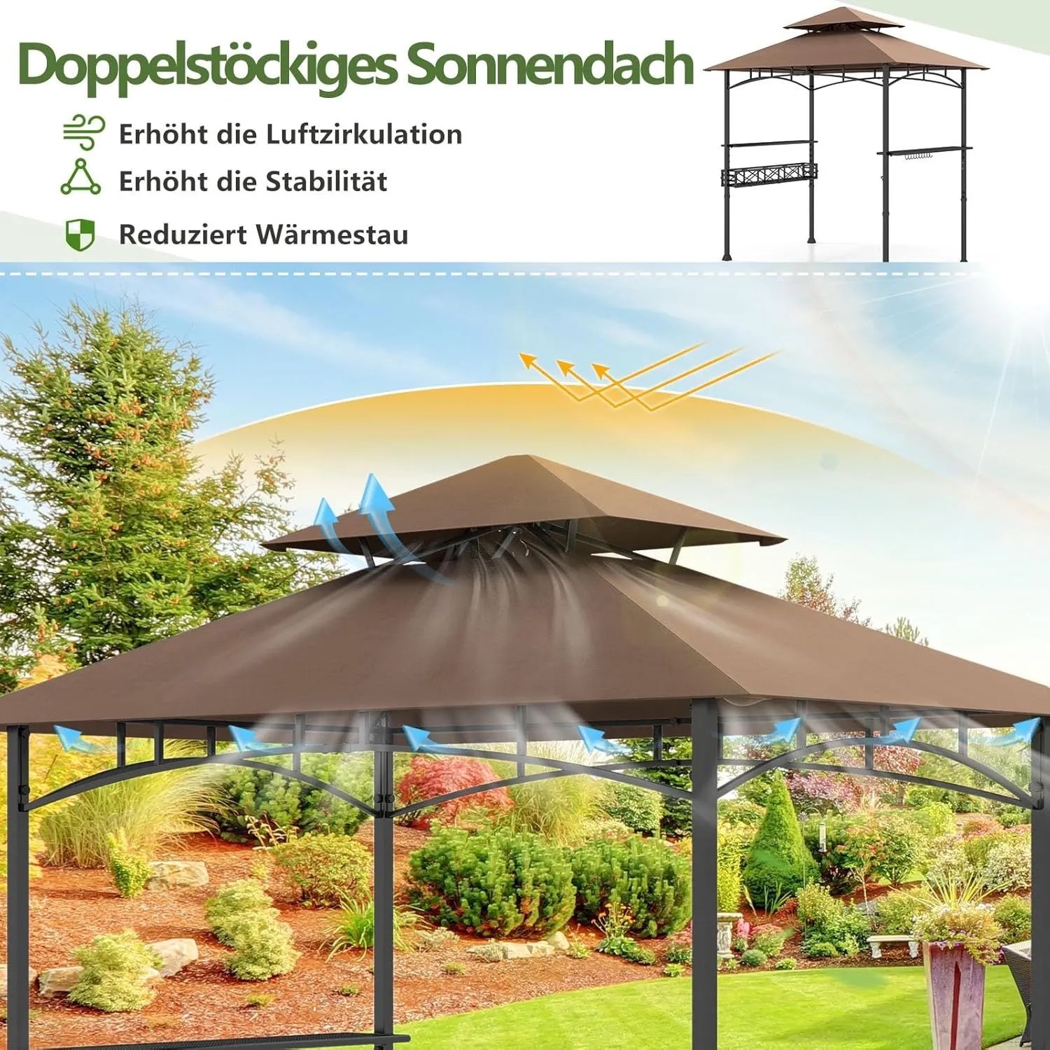 Costway Grillpavillon mit Doppeldach Seitenregalen Flaschenöffner Braun_4