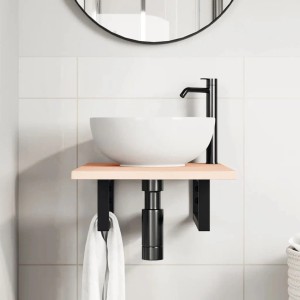 vidaXL Waschtischplatte mit Eiche Massivholz, schwarze Stahlhalterung und weißes Waschbecken.