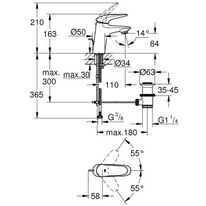 Technische Zeichnung: Grohe Eurostyle Waschtischarmatur S-Size, Chrom, mit Maßangaben.