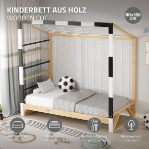 ML-Design Kinderbett Fußballtor aus Kiefernholz mit Matratze 80x160 cm. Robustes Holzbett für Kinderzimmer.