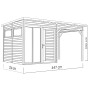 Detaillierte Strichzeichnung des Bertilo Elementgartenhauses Pentus 2 Office Lounge in Anthrazit mit Maßangaben.