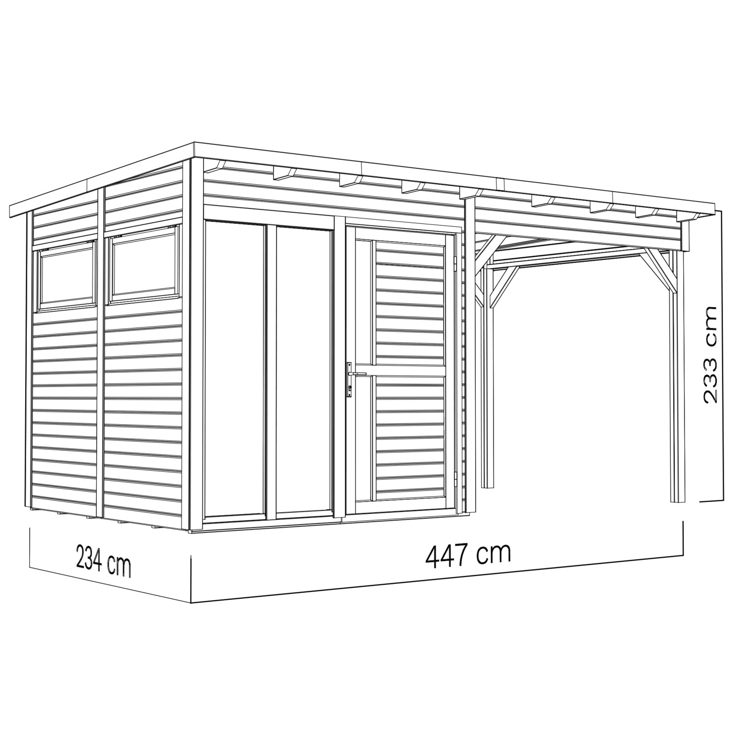 Detaillierte Strichzeichnung des Bertilo Elementgartenhauses Pentus 2 Office Lounge in Anthrazit mit Maßangaben.