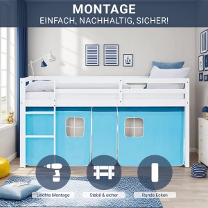 Homestyle4u Hochbett 90x200 in Weiß mit blauem Vorhang. Kinderbett mit Leiter und Rausfallschutz.