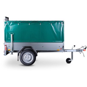Stema Anhänger Green Keeper 750 mit grüner Hochplane, Stützrad und Abstellstützen.