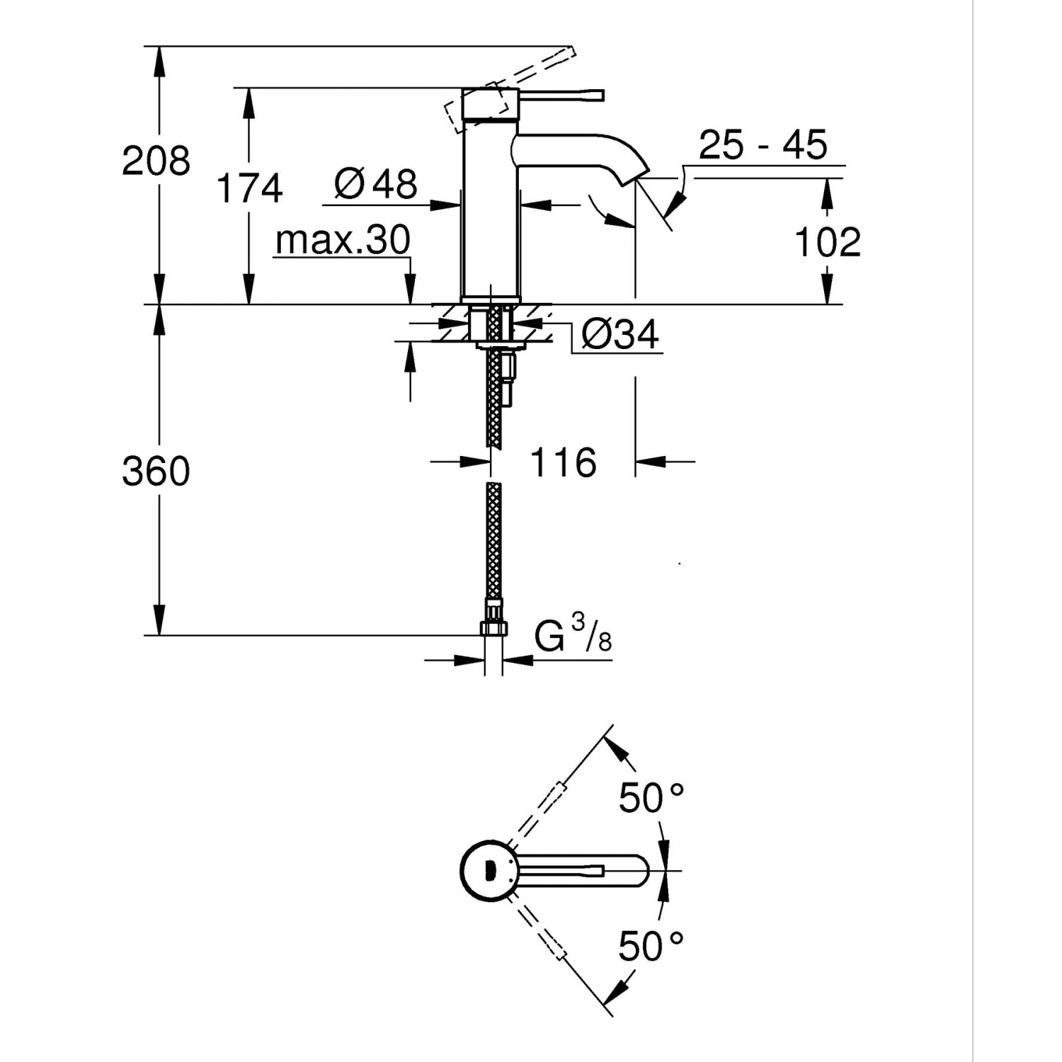 Technische Zeichnung: Grohe Essence Waschtischarmatur S-Size, Chrom, mit Maßen.