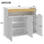 Weißer Wohnzimmerschrank Merax 105x90.5x35 cm mit 3 Türen, Wellenmuster und Holzablage. Innenfächer.