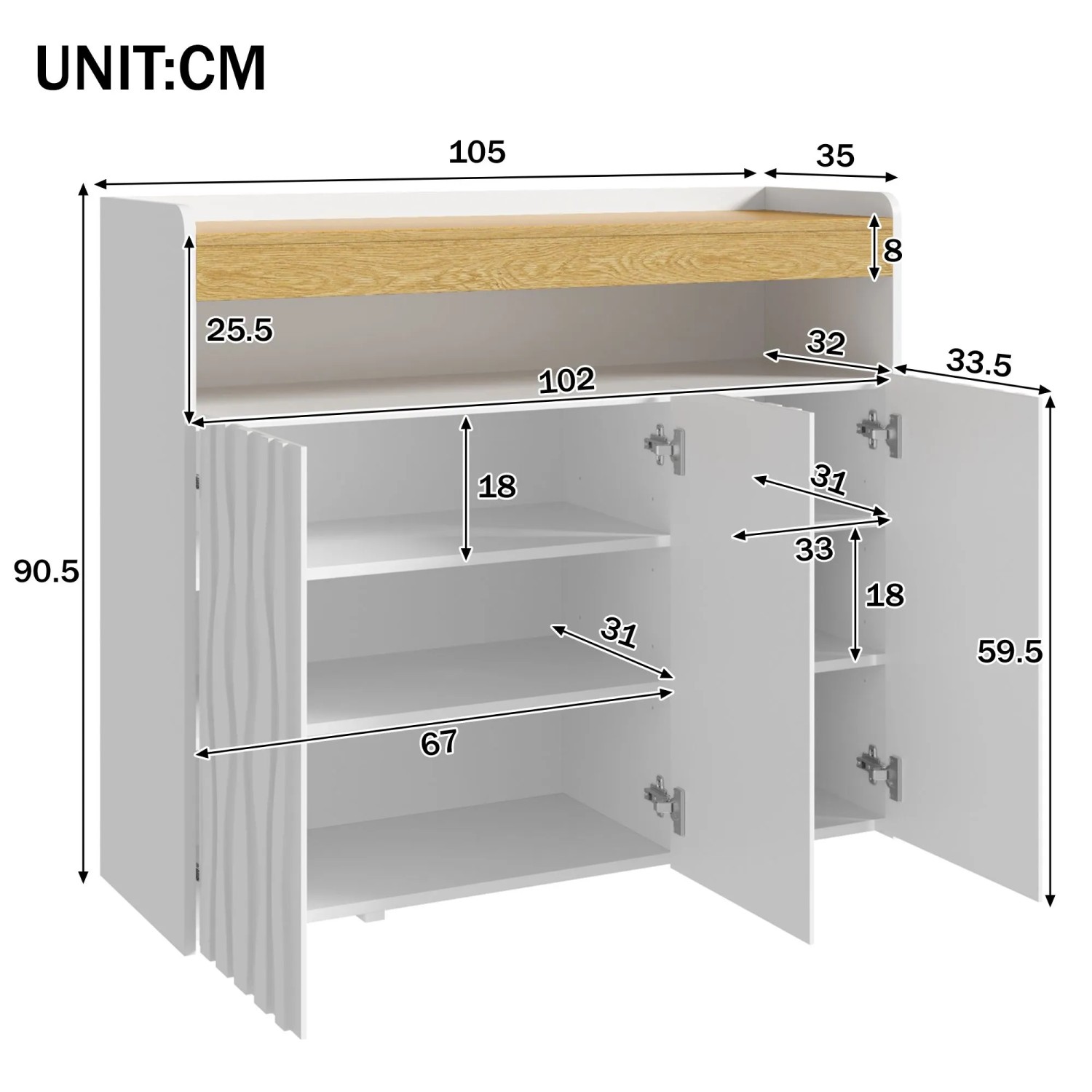 Weißer Wohnzimmerschrank Merax 105x90.5x35 cm mit 3 Türen, Wellenmuster und Holzablage. Innenfächer.