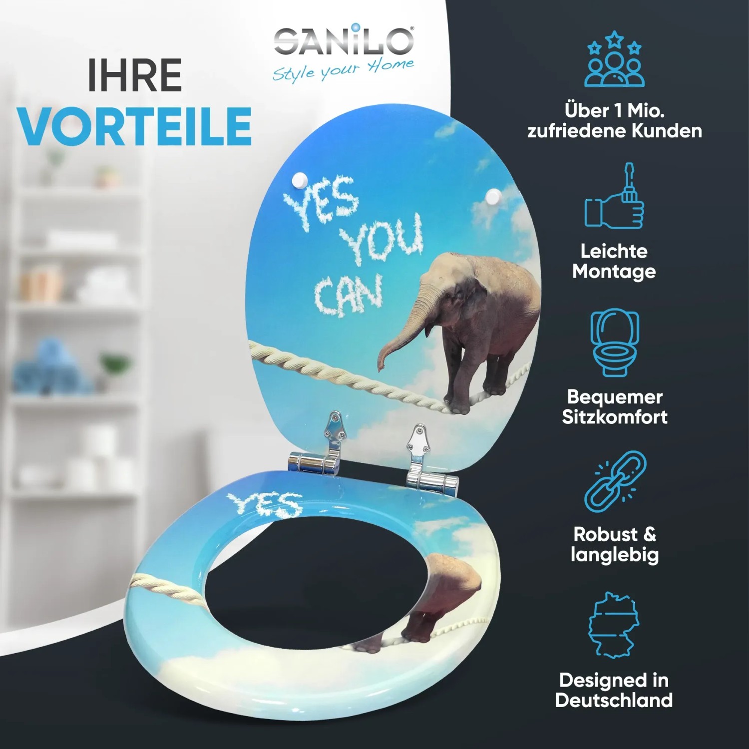 Sanilo WC-Sitz mit Absenkautomatik, Motiv Elefant auf Seil vor blauem Himmel.