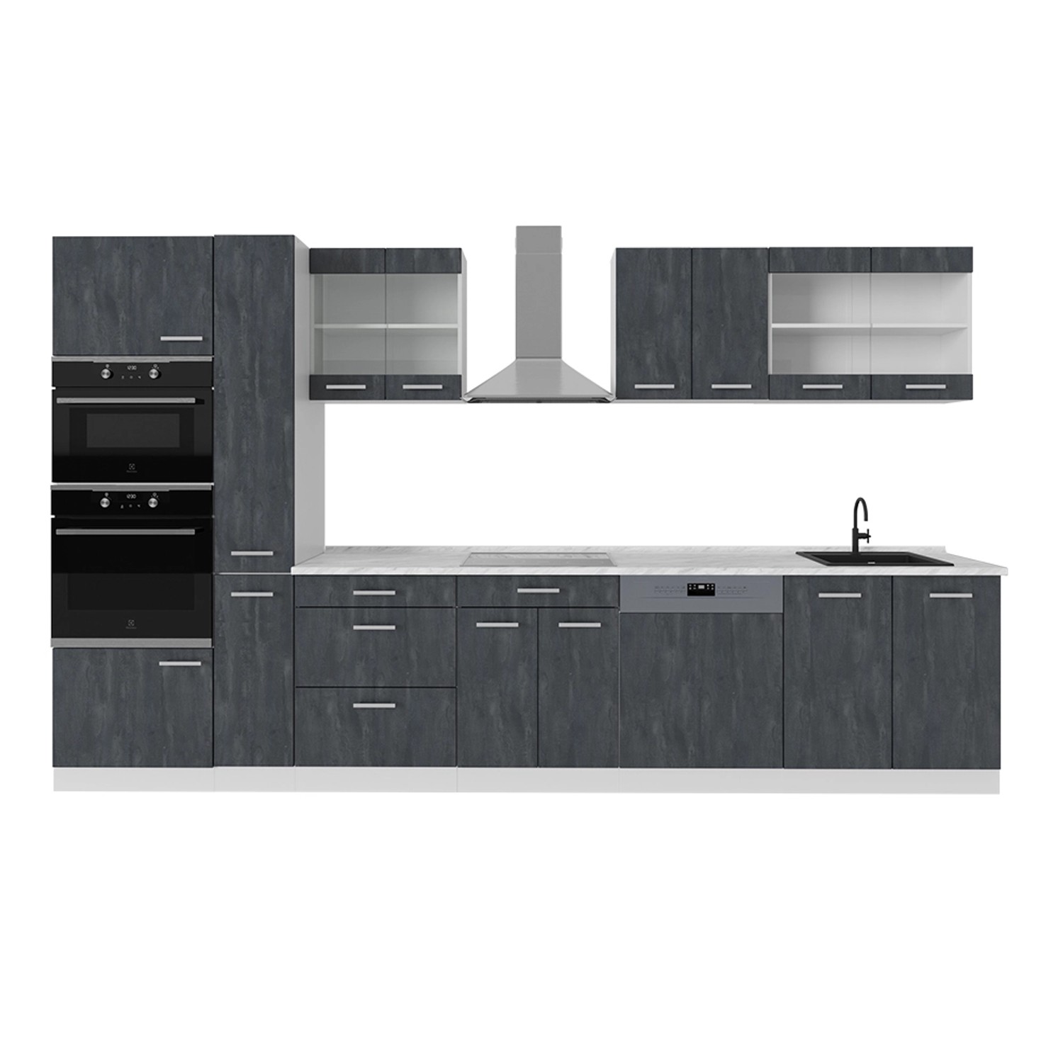 Vicco R-Line Komplettküche Schwarz Beton/Weiß 350 cm AP Marmor günstig online kaufen