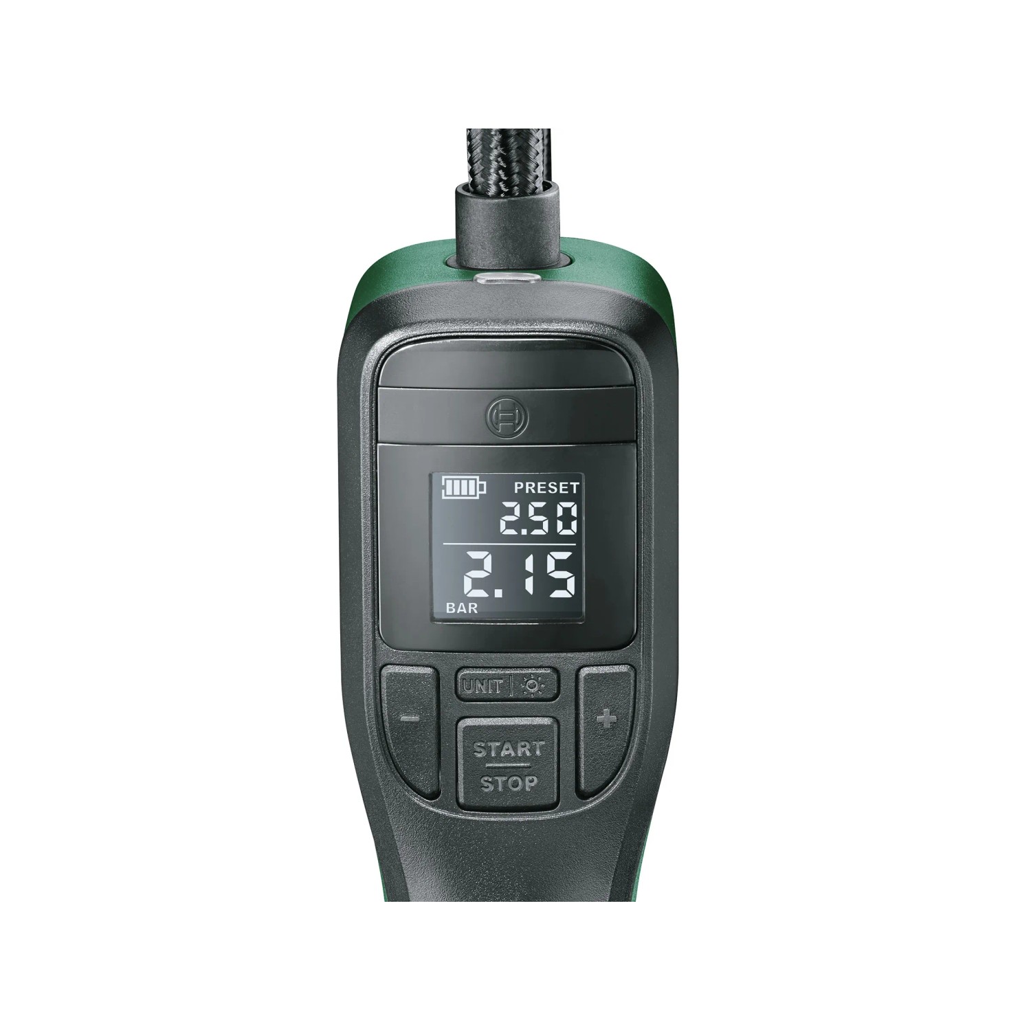 Bosch EasyPump Akku-Druckluftpumpe mit digitalem Display und Bedienelementen.