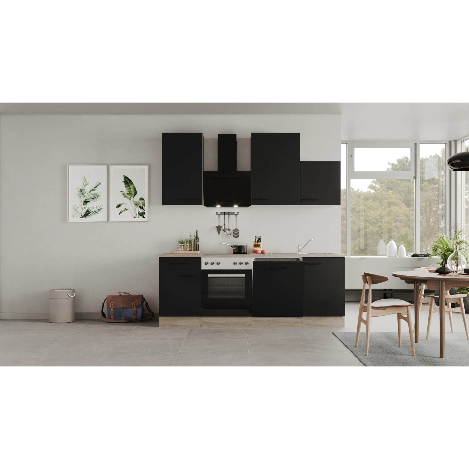 Flex-Well Küchenzeile Capri, 220 cm, Schwarz Matt/Endgrain Oak, mit E-Geräten.