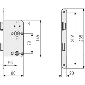 Abus WC-Einsteckschloss DIN R Silber, technische Zeichnung mit Maßen.