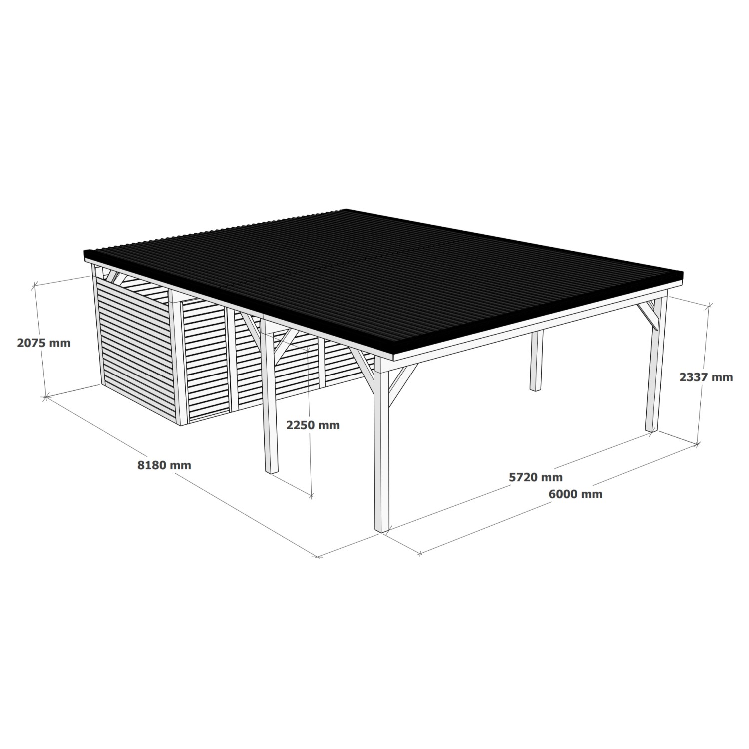 Skizze: Holzbrüder Doppelcarport Ralf mit Geräteraum, oxidrot, Blechdach.