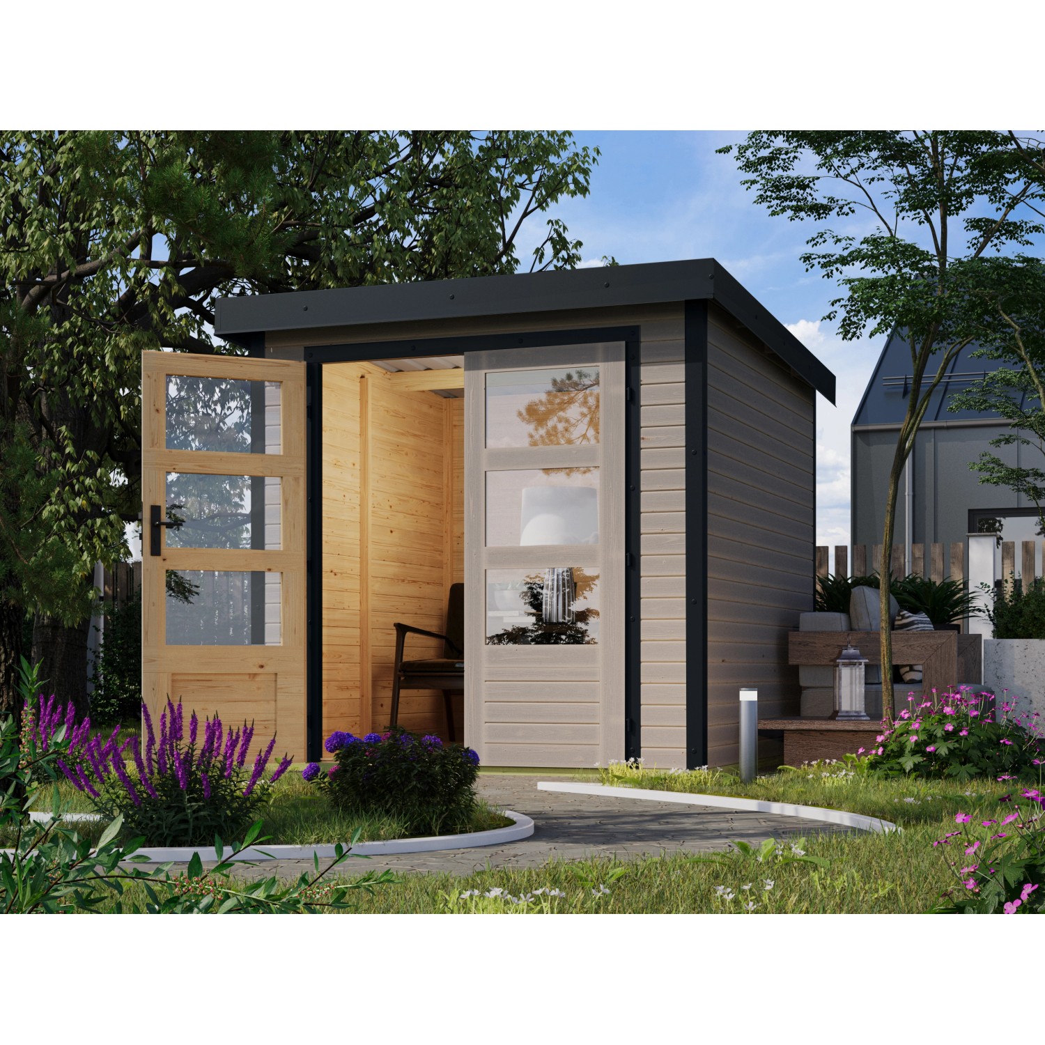 Karibu Gartenhaus/Gerätehaus Diego D Wassergrau-Anthrazit 4,45 m²