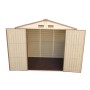 Offenes Duramax Kunststoff-Gartenhaus WoodSide Beige 7,6 m² mit Doppeltür und Belüftung.