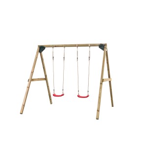 SwingKing Doppel-Schaukel Lucy aus Holz mit zwei roten Schaukelsitzen.