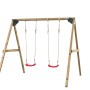SwingKing Doppel-Schaukel Lucy aus Holz mit zwei roten Schaukelsitzen.