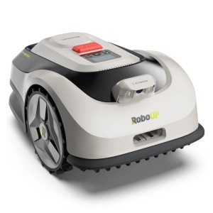 RoboUP Raccoon 2 SE Mähroboter, kabellos, für 600 qm. Heller Roboter mit Kamera, roten Stopp-Knopf und großen Rädern.