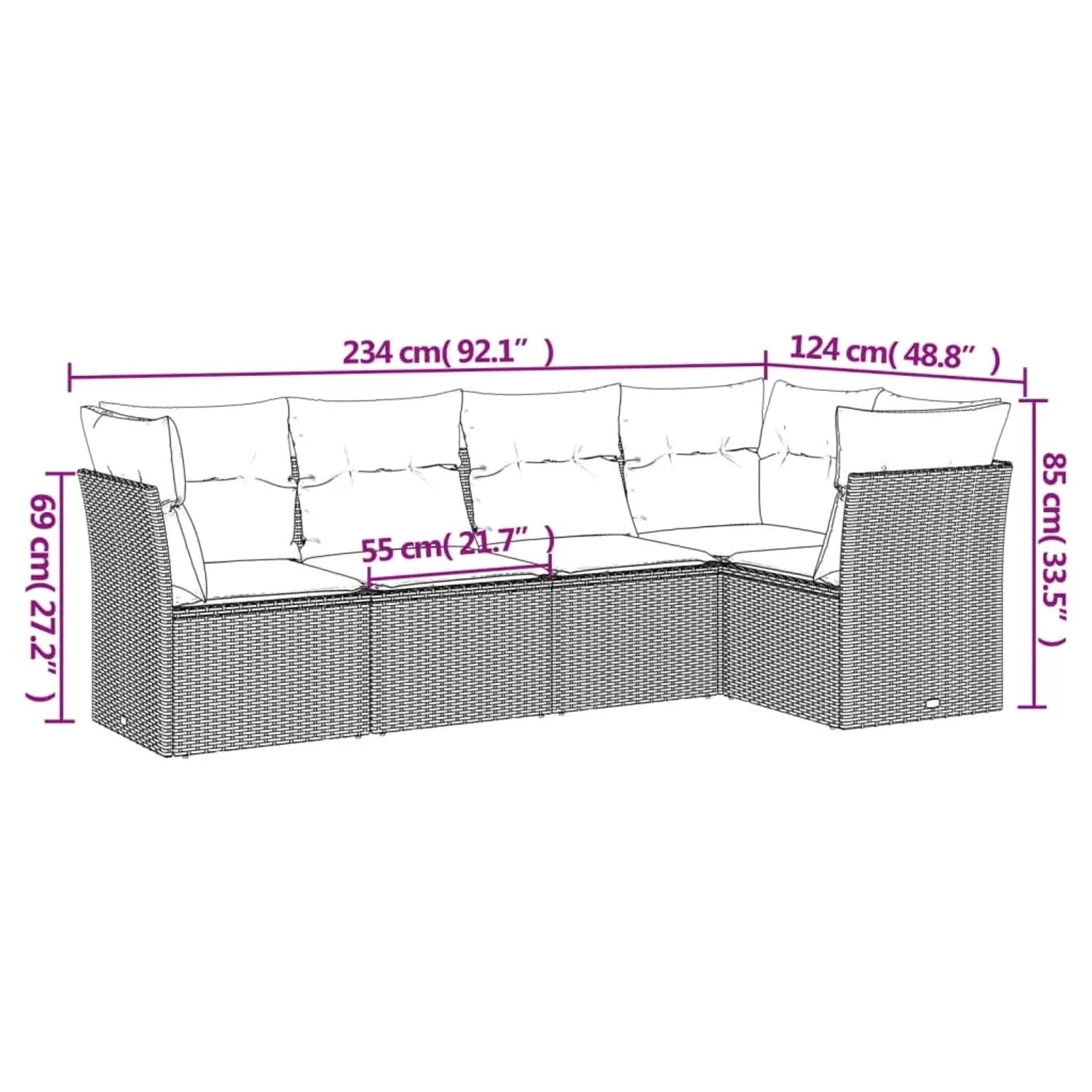 vidaXL Garten-Sofagarnitur, 5-teilig, schwarz, Poly Rattan, mit Maßen.