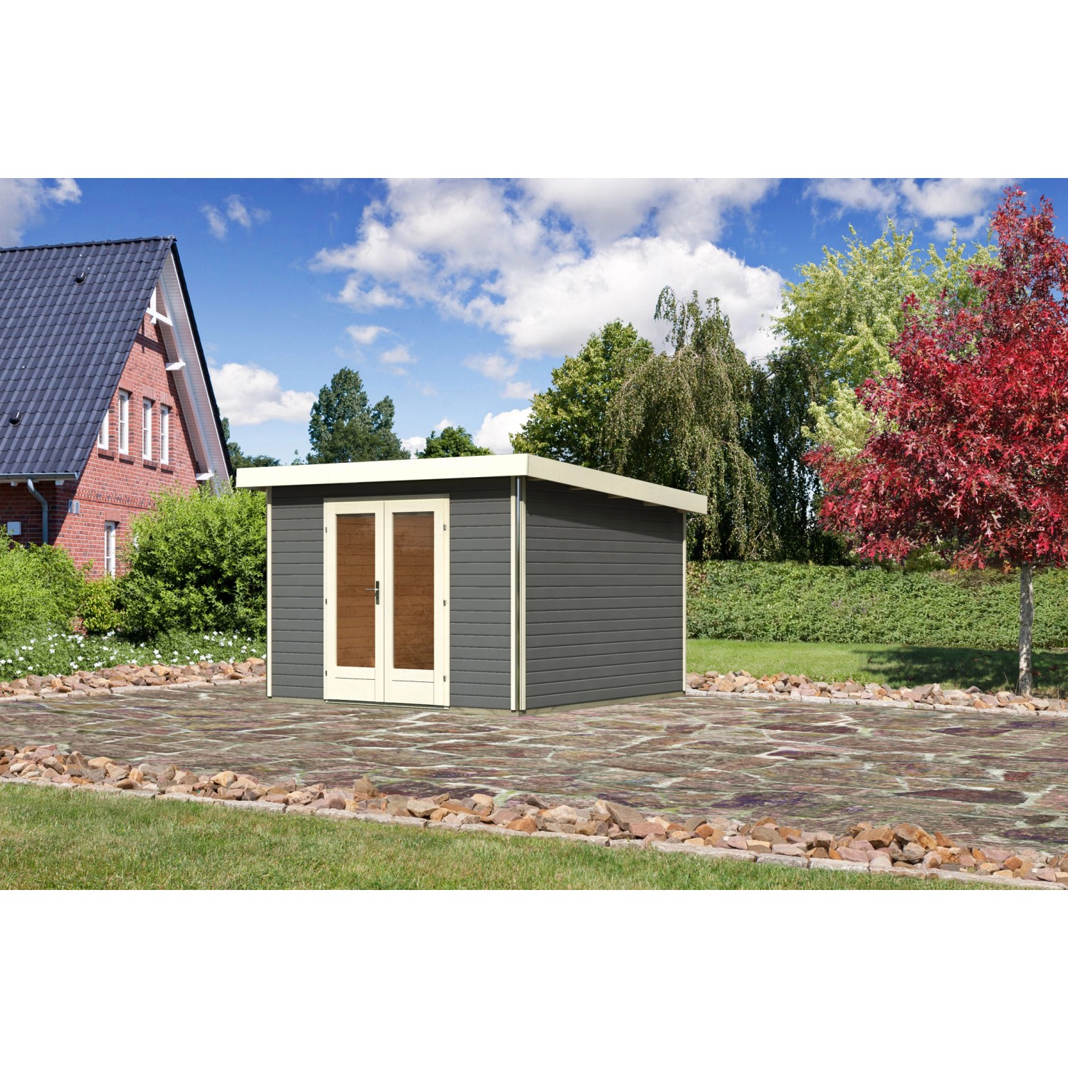 Karibu Holz-Gartenhaus Norrköping Terragrau Pultdach Lackiert 305 cm x 305 günstig online kaufen