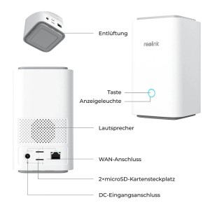 Reolink Home Hub 1 Sicherheitszentrale mit Anschlüssen und microSD Slot für Sicherheitstechnik.