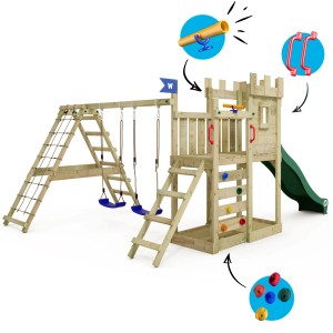 Wickey Spielturm GateFlyer mit grüner Rutsche, Schaukeln, Kletterwand und Sandkasten.