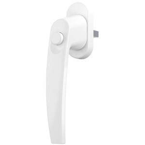 Weißer KM Meeth Fenstergriff mit Druckknopf für Kunststofffenster.