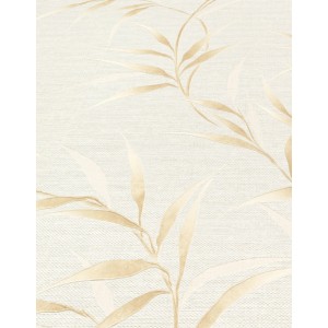Beige Vliestapete mit stilisierten, glänzenden Bambusblättern. Dekorative Tapete im Japandi Stil von Erismann Yamato.